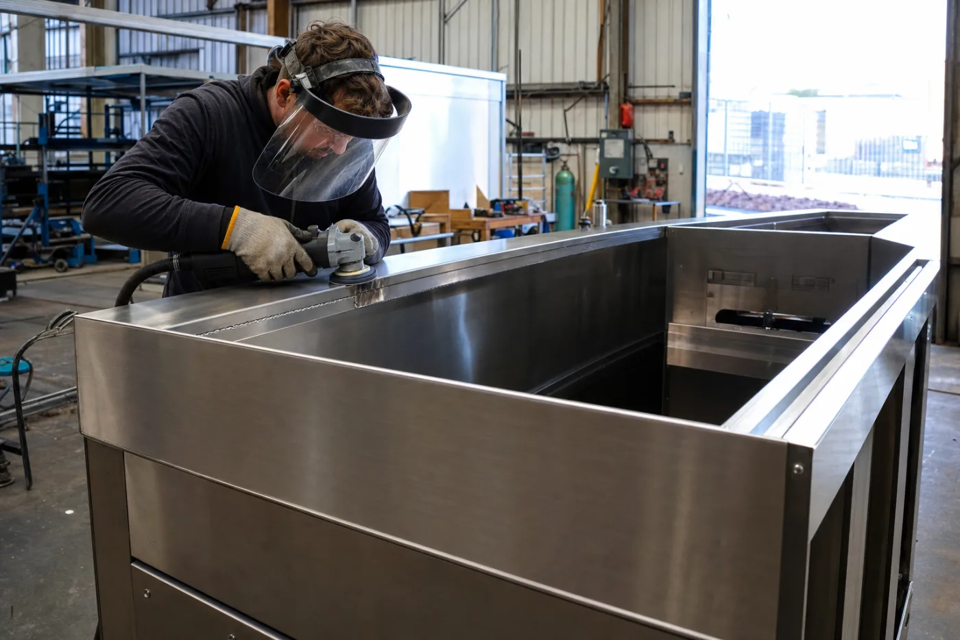 A fabricator working on a stainless steel galley unit in a workshop